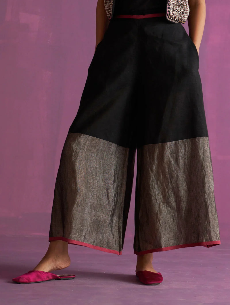 Nivi Metallic Pant - Black linen by Manan in black color for women Worldwide
