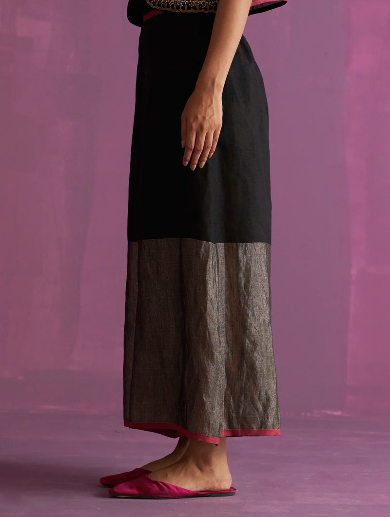 Nivi Metallic Pant - Black linen by Manan in black color for women Worldwide