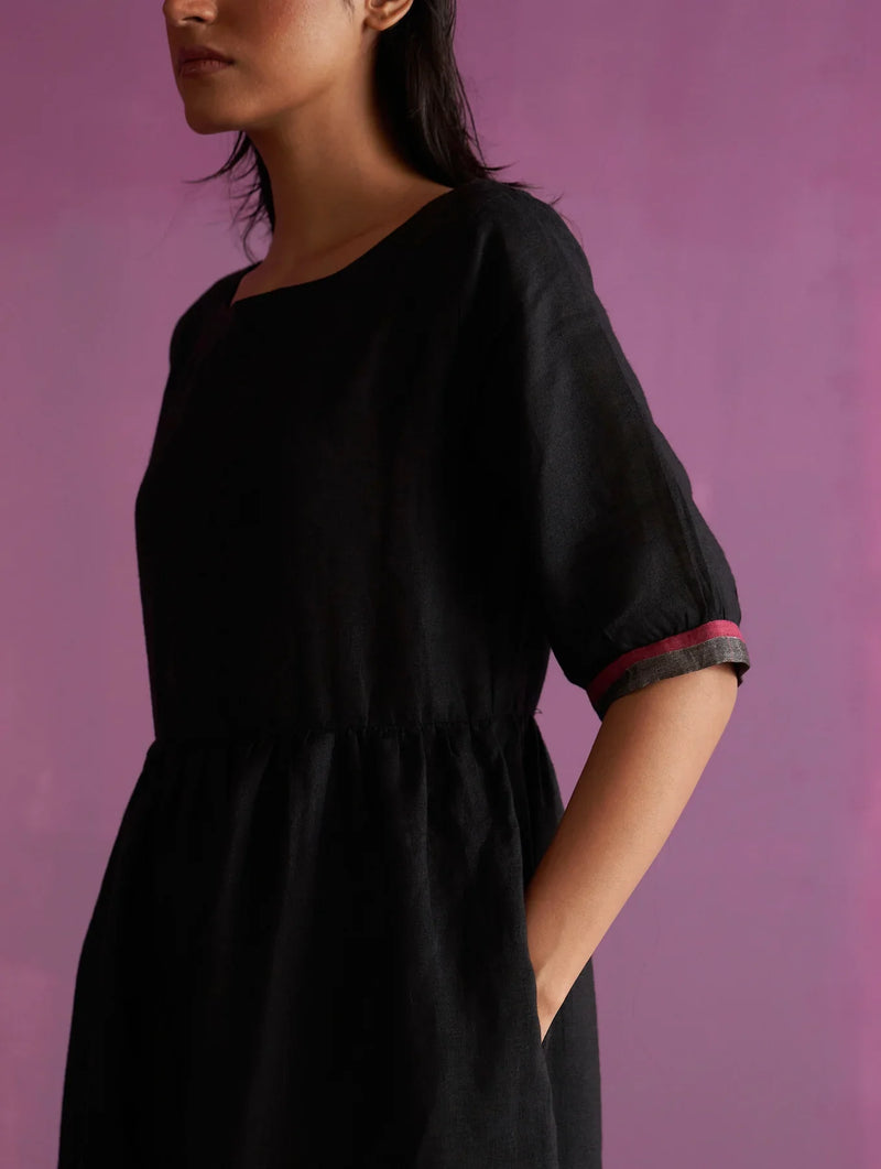 Kiri Signature Linen Dress - Black linen by Manan in black color for women Worldwide