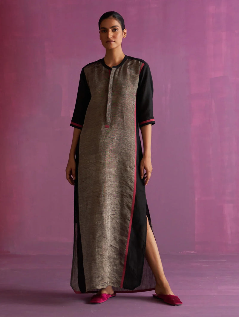 Faiza Metallic Linen Dress - Black linen by Manan in black color for women Worldwide