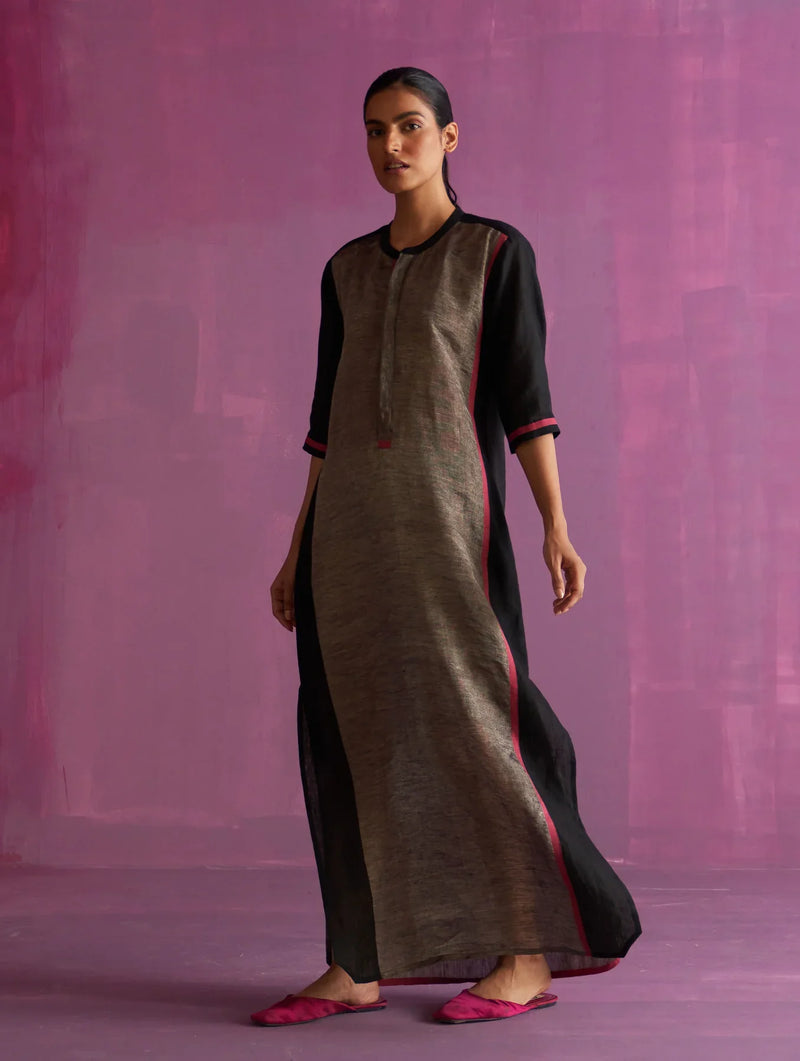 Faiza Metallic Linen Dress - Black linen by Manan in black color for women Worldwide