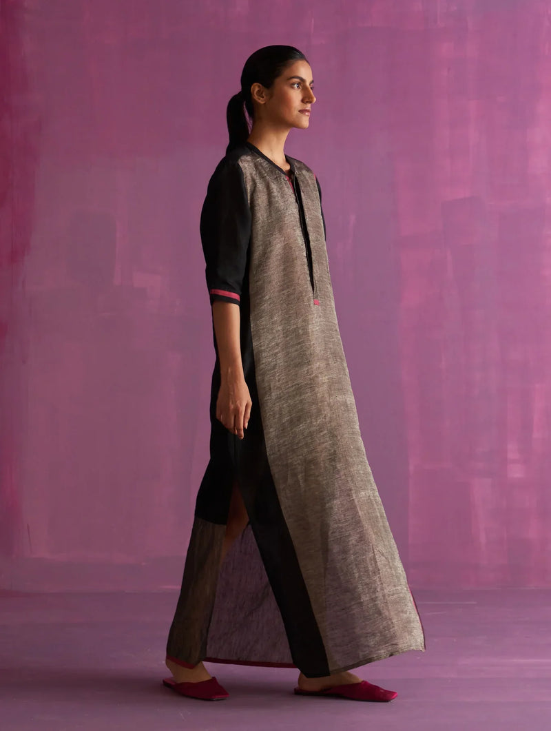 Faiza Metallic Linen Dress - Black linen by Manan in black color for women Worldwide