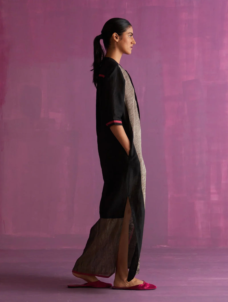 Faiza Metallic Linen Dress - Black linen by Manan in black color for women Worldwide