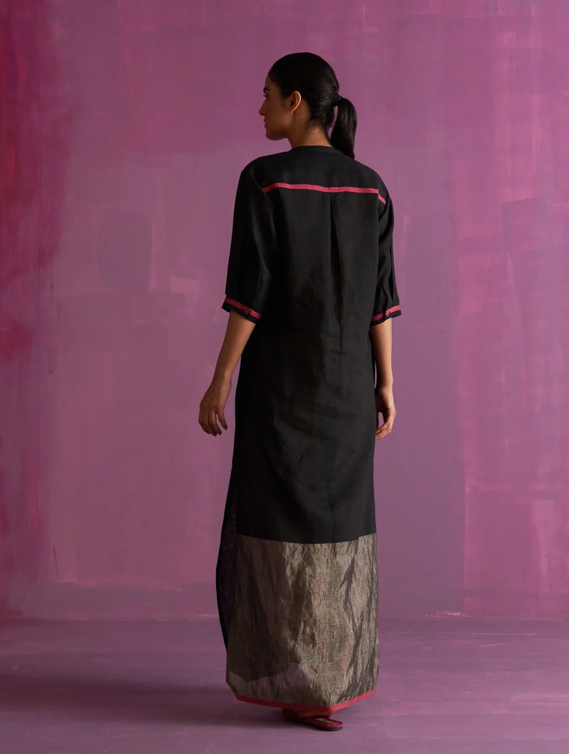 Faiza Metallic Linen Dress - Black linen by Manan in black color for women Worldwide