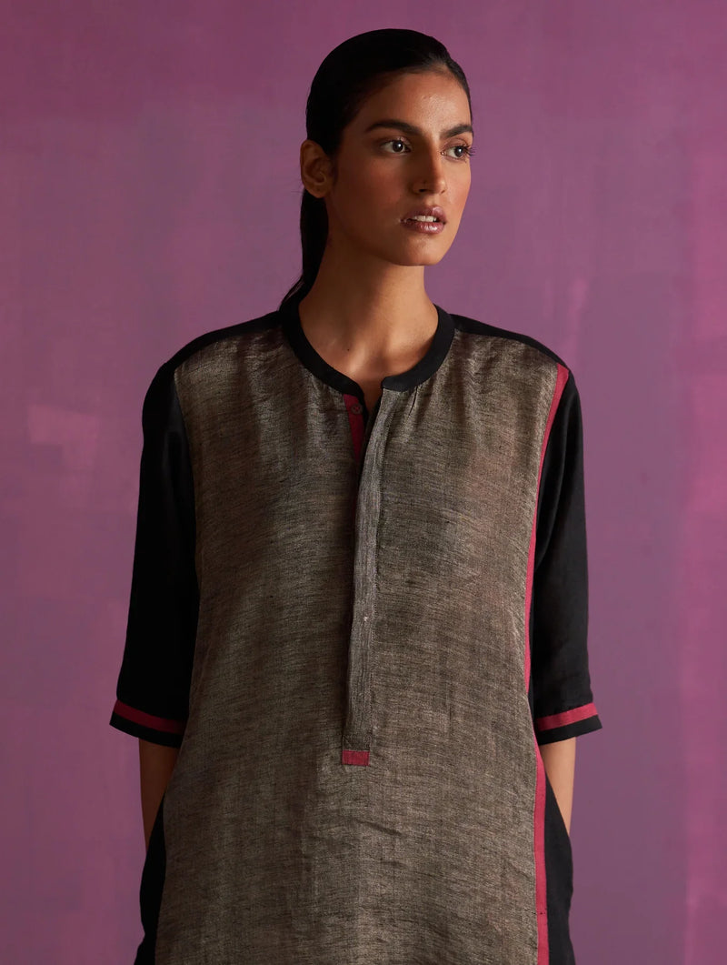Faiza Metallic Linen Dress - Black linen by Manan in black color for women Worldwide