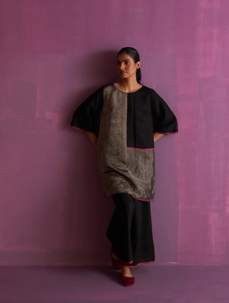 Ahana Metallic Linen Co-ord Set - Black linen by Manan in black color for women Worldwide
