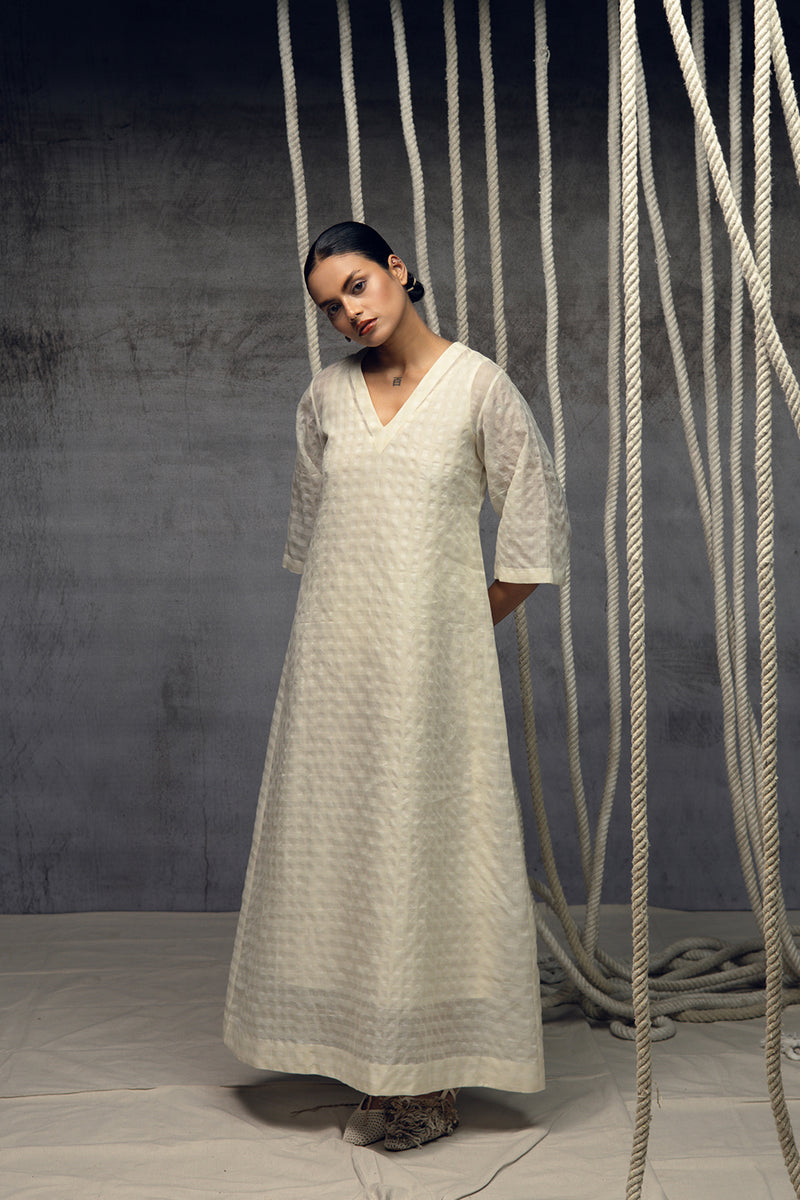 Ivory Khadi Silk Checkered Dress khadi silk dress by Kritika Murarka in ivory for women Worldwide