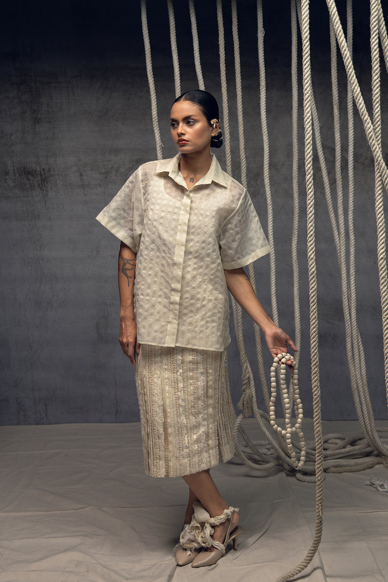 Ivorykhadi Silk Checkered Shirt khadi silk top/shirt by Kritika Murarka in ivory for women Worldwide