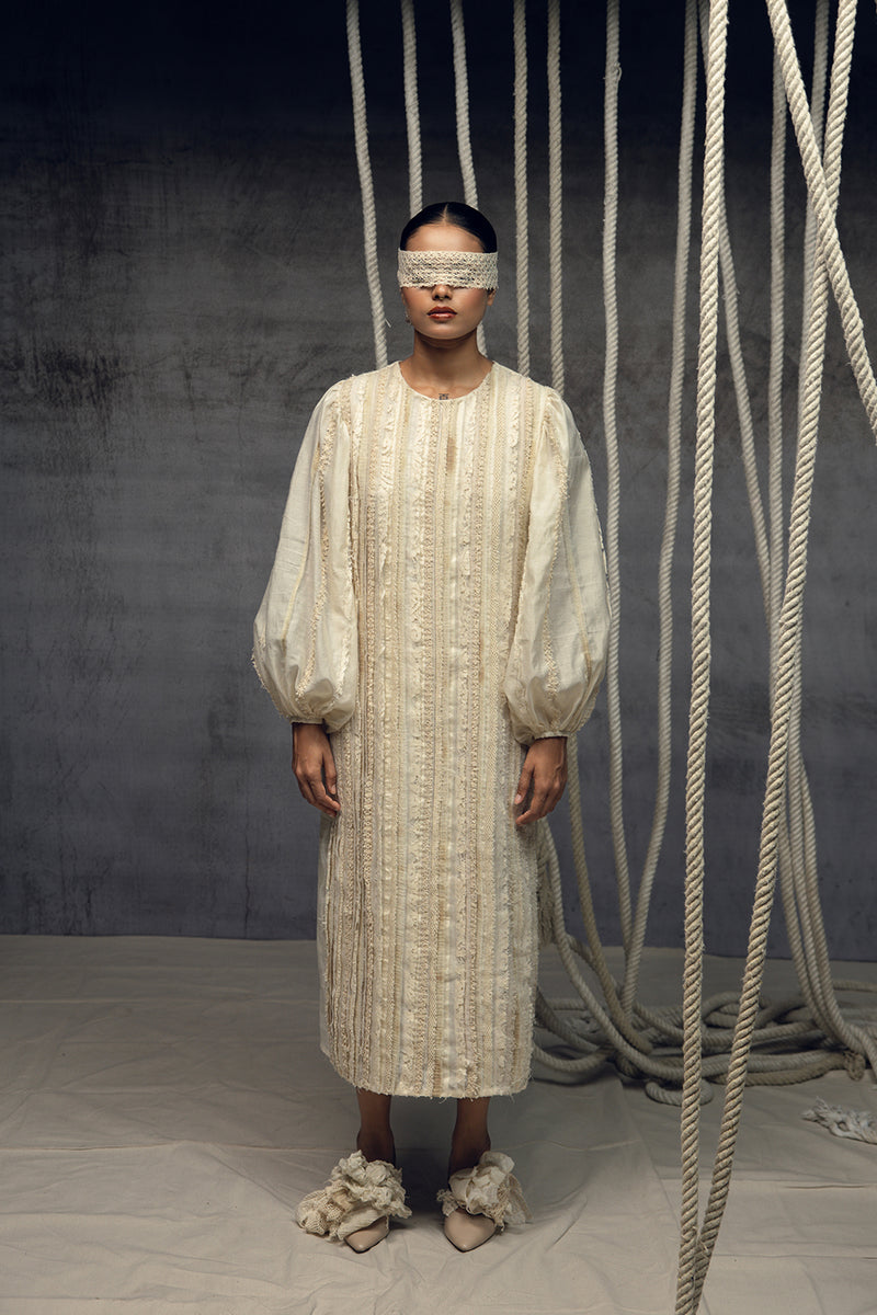 Ivory Khadi Silk Fringing Column Dress khadi silk dress by Kritika Murarka in ivory for women Worldwide