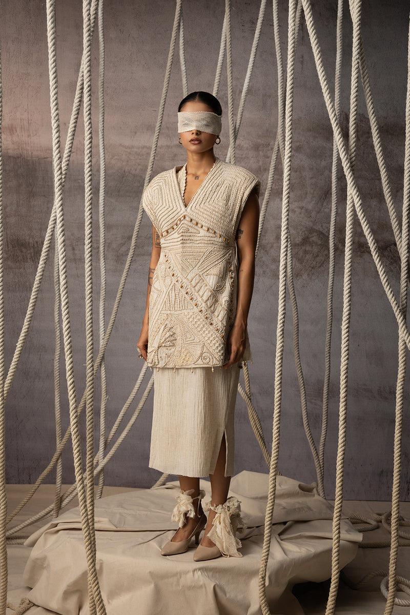 Ivory Crushed Pencil Skirt crushed cotton skirt by Kritika Murarka in ivory for women Worldwide