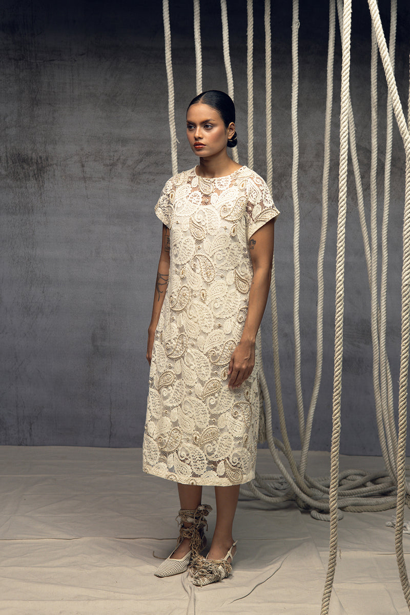 Ivory Paisley Lace Embroidered Midi indian cotton lace dress by Kritika Murarka in ivory for women Worldwide