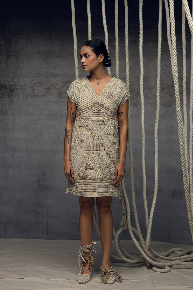 Ivory Crushed Embroidered Short Dress crushed cotton dress by Kritika Murarka in ivory for women Worldwide