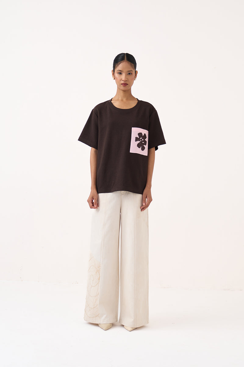 Emb. Patch Pocket T-Shirt-T-Cocoa Brown cotton jersey top/shirt by THREE in dark brown for women Worldwide