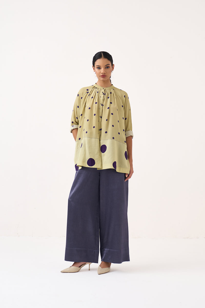 Polka Peasant Top Co-Ord-Soft Moss & Ash Violet crepe co-ord set by THREE in soft moss for women Worldwide