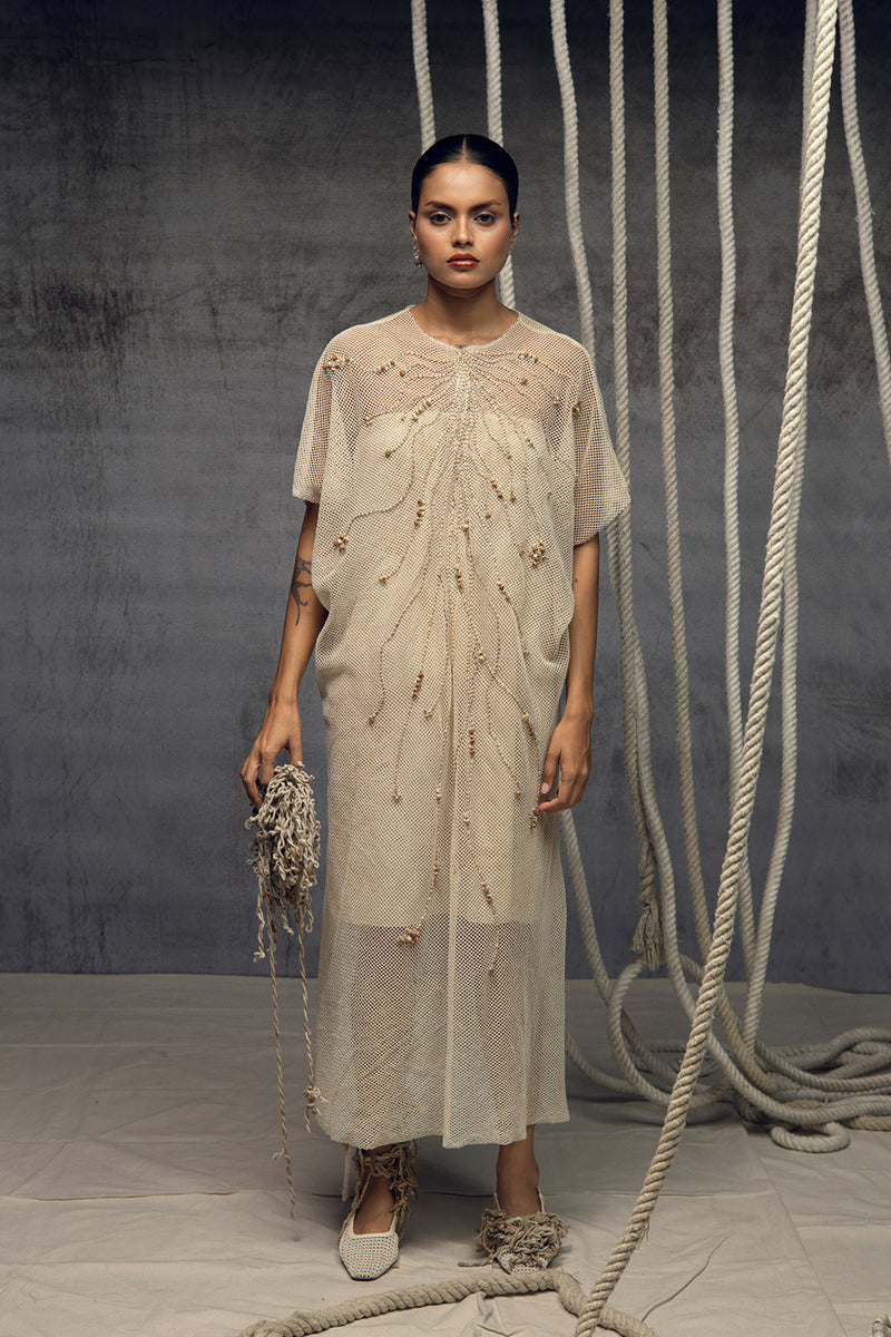 Open Mesh Embroidered Kaftaan cotton open mesh kaftan by Kritika Murarka in ivory for women Worldwide