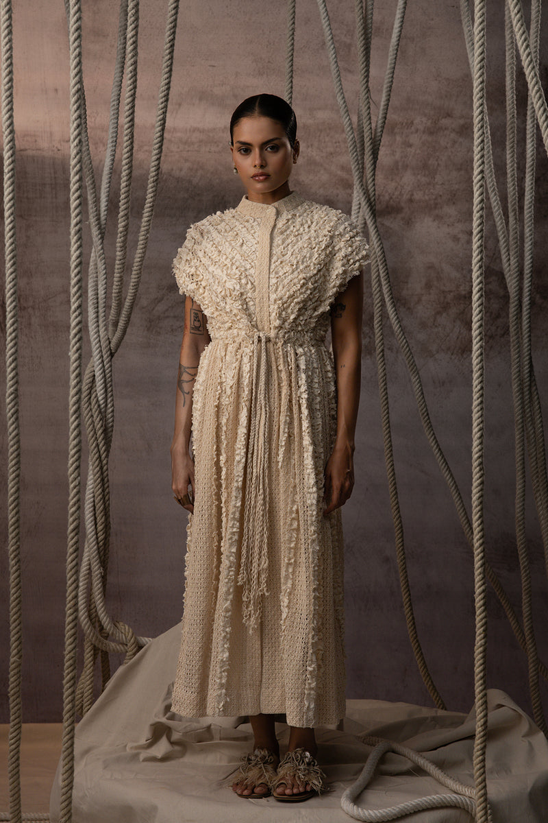 Ivory Lace Ruched Cotton Net Drawstring Dress signature cotton net dress by Kritika Murarka in ivory for women Worldwide