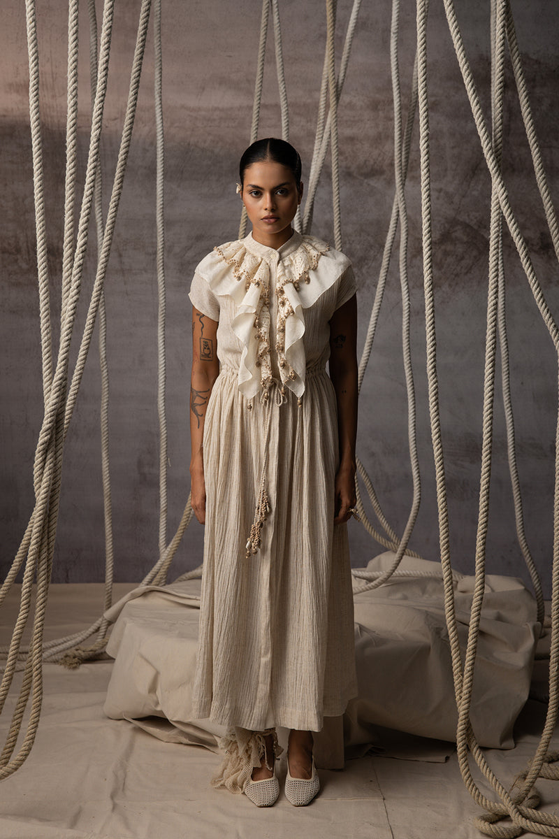 Ivory Flounce Crushed Drawstring Dress crushed cotton dress by Kritika Murarka in ivory for women Worldwide