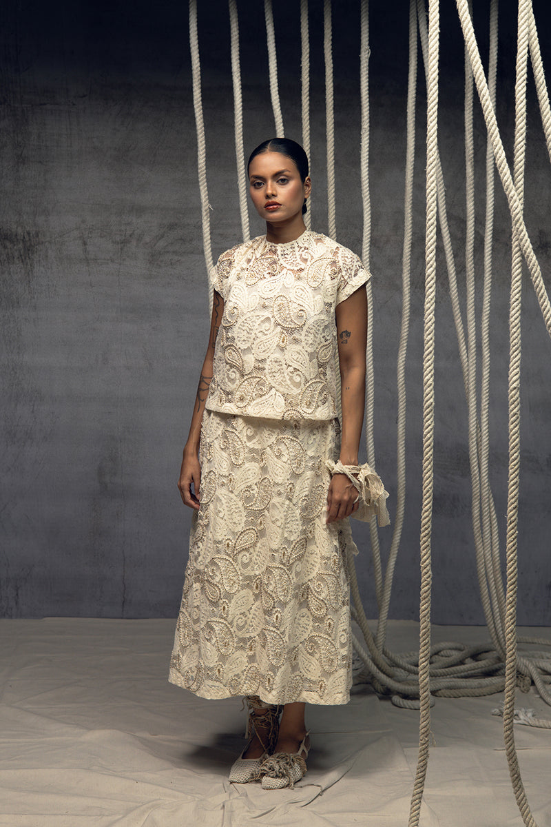 Ivory Paisley Lace Embroidered Skirt indian cotton lace skirt by Kritika Murarka in ivory for women Worldwide