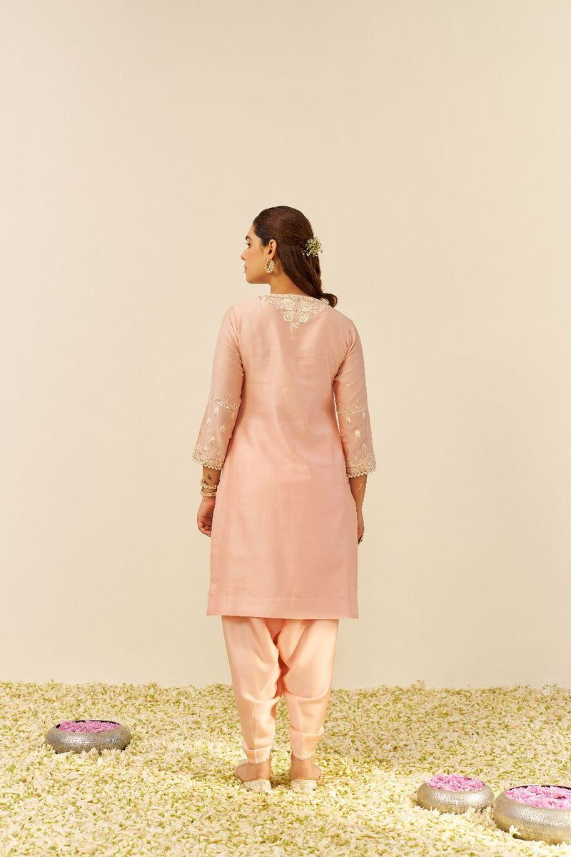 Zahra - Short Kurta With Dhoti-Off Rose silk by SHEETAL BATRA in pink color for women Worldwide