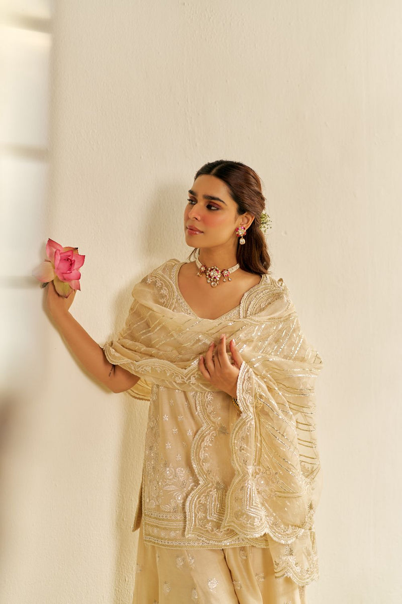Sameeha - Short Kurta With Sharara And Dupatta-Beige silk by SHEETAL BATRA in beige color for women Worldwide