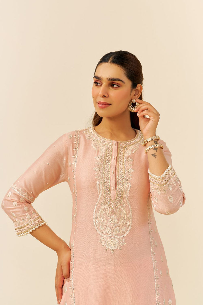 Zahra - Short Kurta With Dhoti-Off Rose silk by SHEETAL BATRA in pink color for women Worldwide