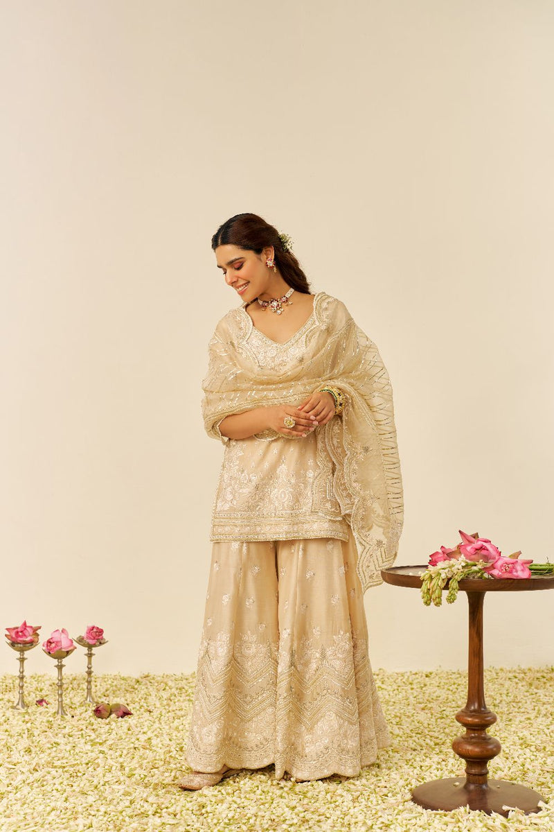 Sameeha - Short Kurta With Sharara And Dupatta-Beige silk by SHEETAL BATRA in beige color for women Worldwide