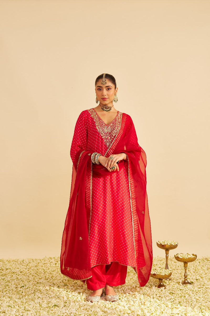 Zaliyah - Long Chauga With Salwar-Red silk by SHEETAL BATRA in red color for women Worldwide