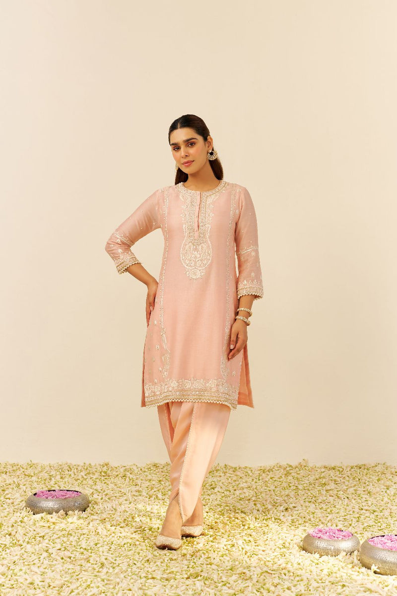 Zahra - Short Kurta With Dhoti-Off Rose silk by SHEETAL BATRA in pink color for women Worldwide