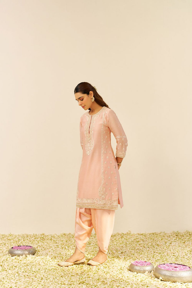 Zahra - Short Kurta With Dhoti-Off Rose silk by SHEETAL BATRA in pink color for women Worldwide