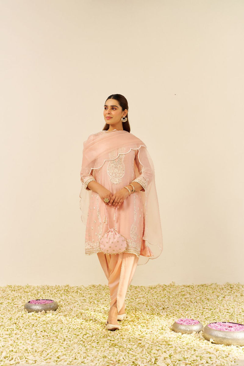 Zahra - Short Kurta With Dhoti-Off Rose silk by SHEETAL BATRA in pink color for women Worldwide