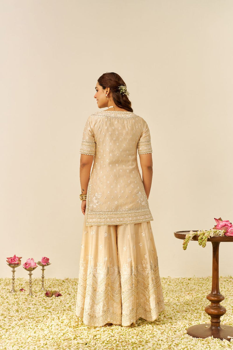 Sameeha - Short Kurta With Sharara And Dupatta-Beige silk by SHEETAL BATRA in beige color for women Worldwide