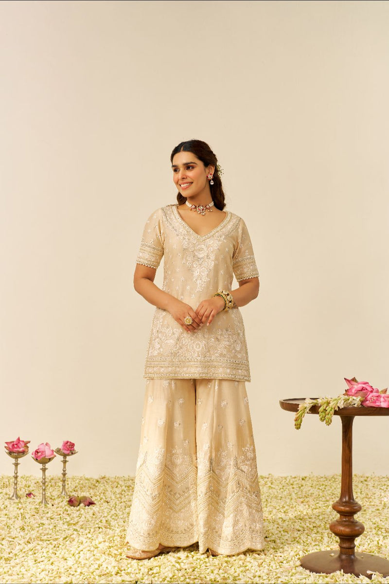 Sameeha - Short Kurta With Sharara And Dupatta-Beige silk by SHEETAL BATRA in beige color for women Worldwide