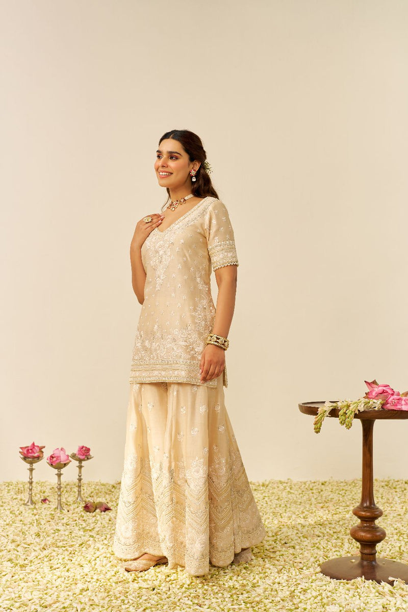 Sameeha - Short Kurta With Sharara And Dupatta-Beige silk by SHEETAL BATRA in beige color for women Worldwide