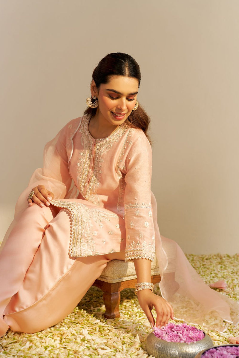 Zahra - Short Kurta With Dhoti-Off Rose silk by SHEETAL BATRA in pink color for women Worldwide
