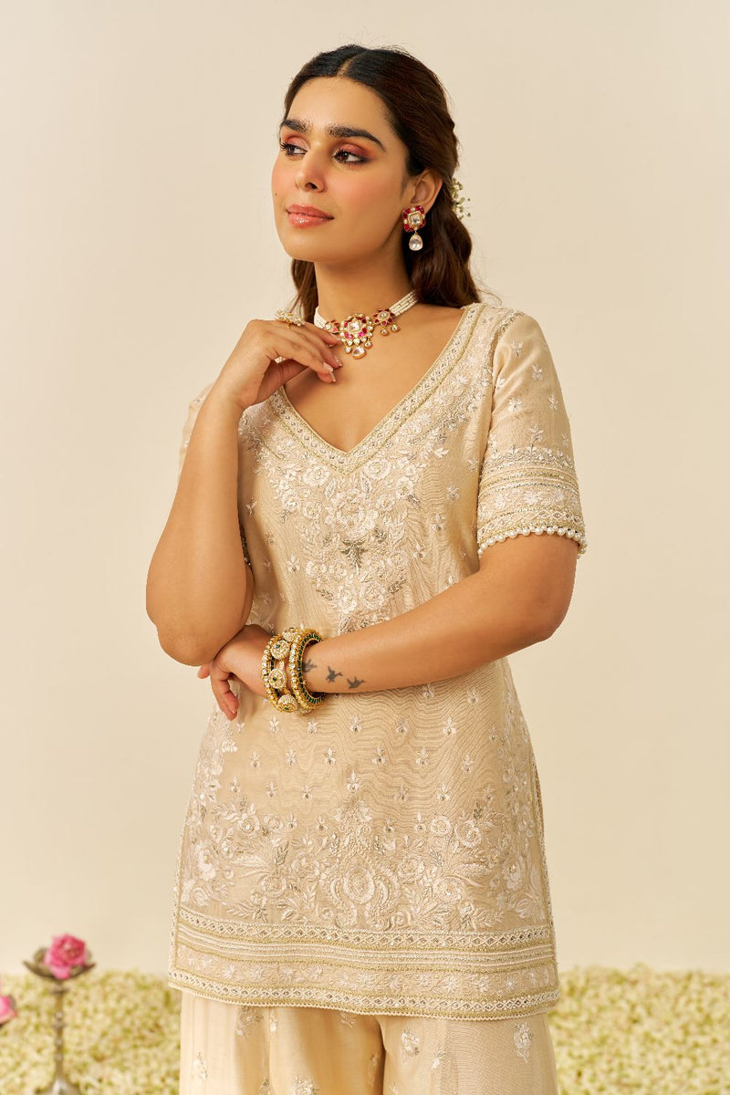 Sameeha - Short Kurta With Sharara And Dupatta-Beige silk by SHEETAL BATRA in beige color for women Worldwide