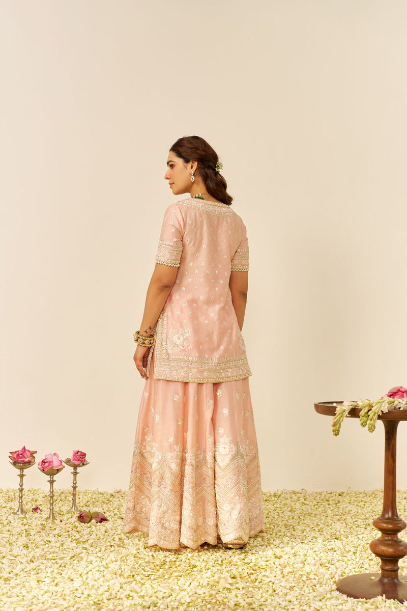 Sameeha - Short Kurta With Sharara And Dupatta-Off Rose silk by SHEETAL BATRA in pink color for women Worldwide