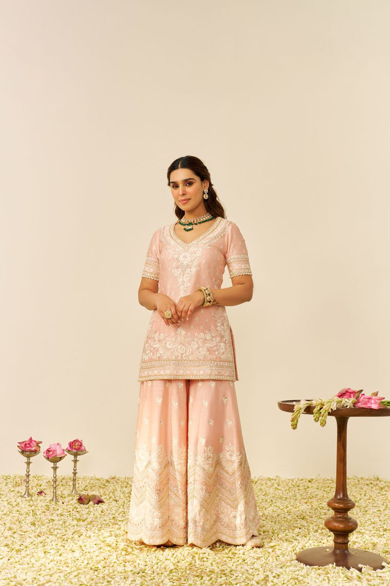 Sameeha - Short Kurta With Sharara And Dupatta-Off Rose silk by SHEETAL BATRA in pink color for women Worldwide