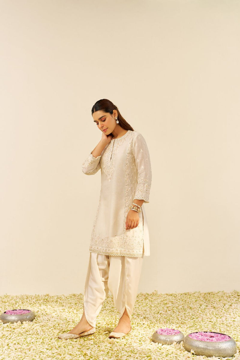 Zaisha - Short Kurta With Dhoti-Daisy Ivory silk by SHEETAL BATRA in ivory color for women Worldwide
