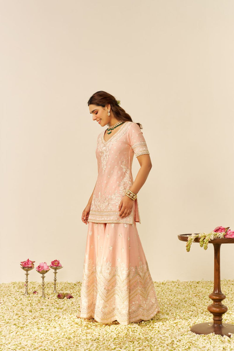 Sameeha - Short Kurta With Sharara And Dupatta-Off Rose silk by SHEETAL BATRA in pink color for women Worldwide