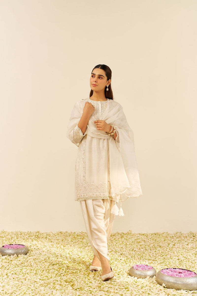 Zaisha - Short Kurta With Dhoti-Daisy Ivory silk by SHEETAL BATRA in ivory color for women Worldwide