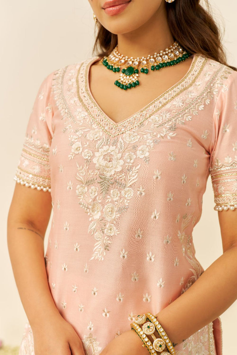 Sameeha - Short Kurta With Sharara And Dupatta-Off Rose silk by SHEETAL BATRA in pink color for women Worldwide