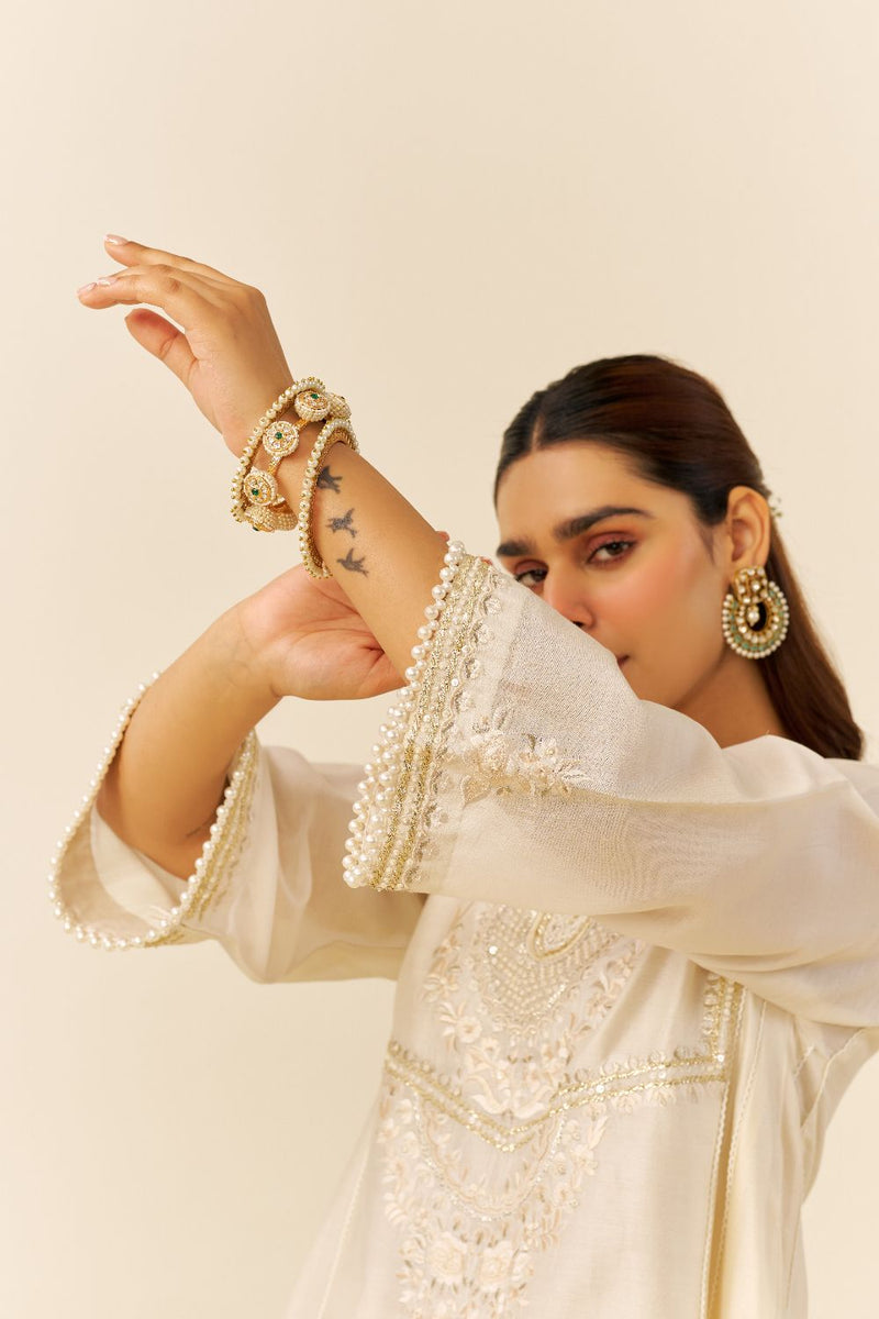 Aiza - Short Chauga With Salwar-Daisy Ivory silk by SHEETAL BATRA in ivory color for women Worldwide
