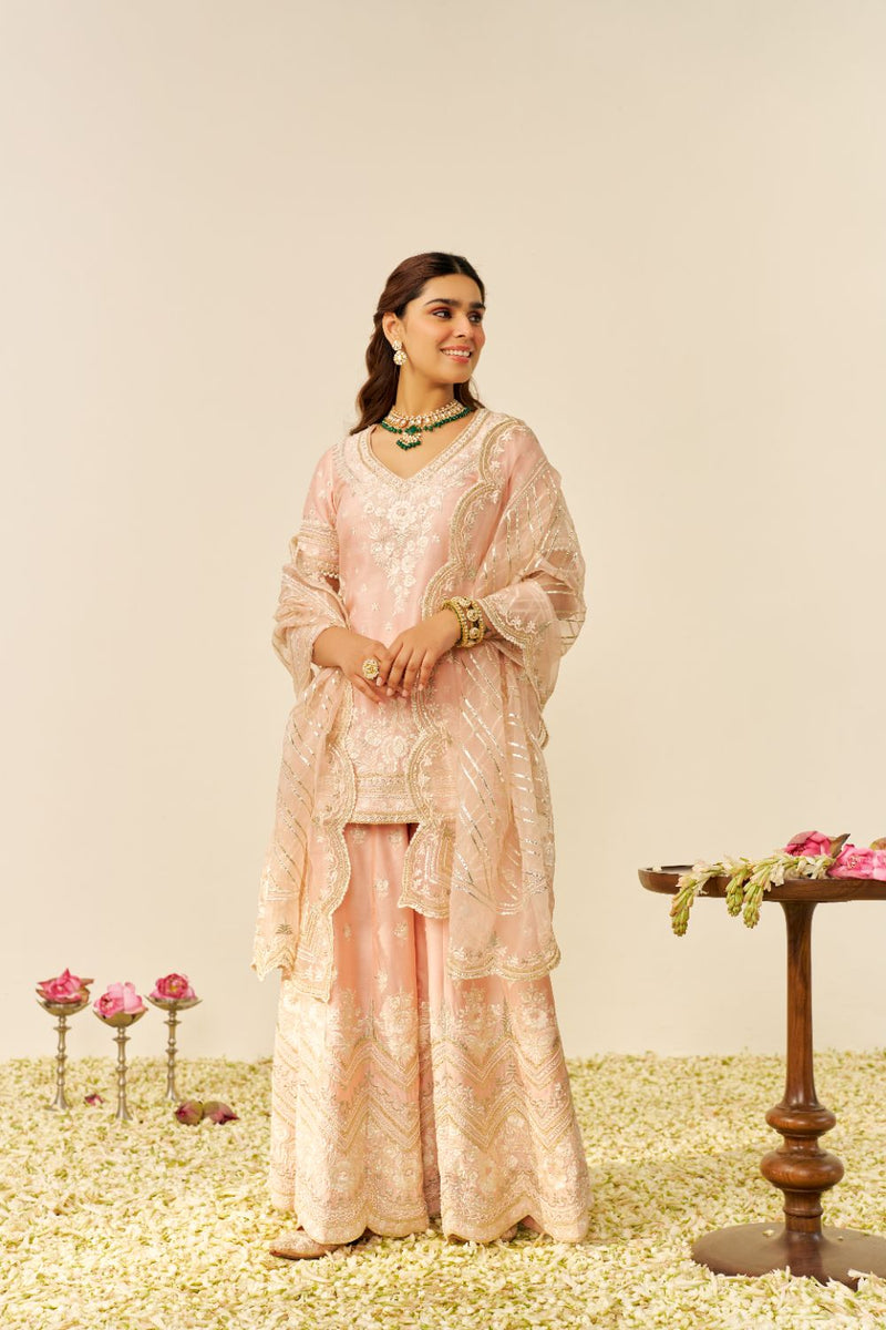 Sameeha - Short Kurta With Sharara And Dupatta-Off Rose silk by SHEETAL BATRA in pink color for women Worldwide