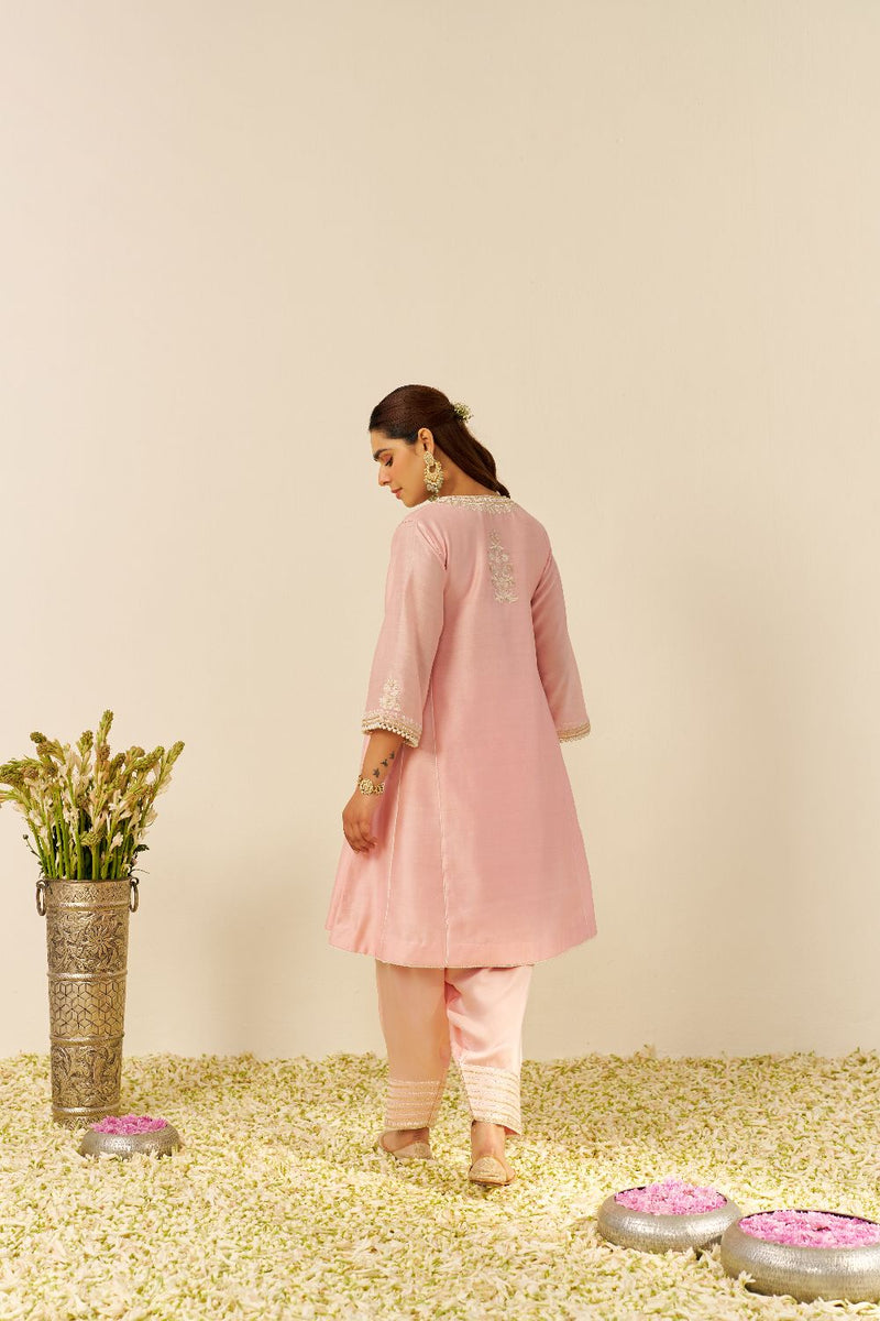 Aiza - Short Chauga With Salwar-Blush Pink silk by SHEETAL BATRA in blush color for women Worldwide
