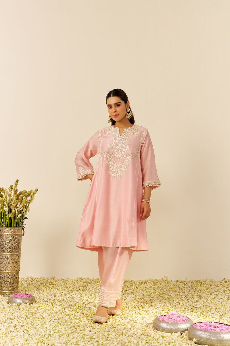 Aiza - Short Chauga With Salwar-Blush Pink silk by SHEETAL BATRA in blush color for women Worldwide