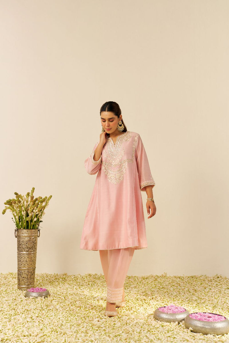 Aiza - Short Chauga With Salwar-Blush Pink silk by SHEETAL BATRA in blush color for women Worldwide