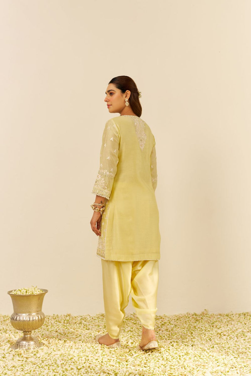 Zaisha - Short Kurta With Dhoti-Lemon Yellow silk by SHEETAL BATRA in yellow color for women Worldwide