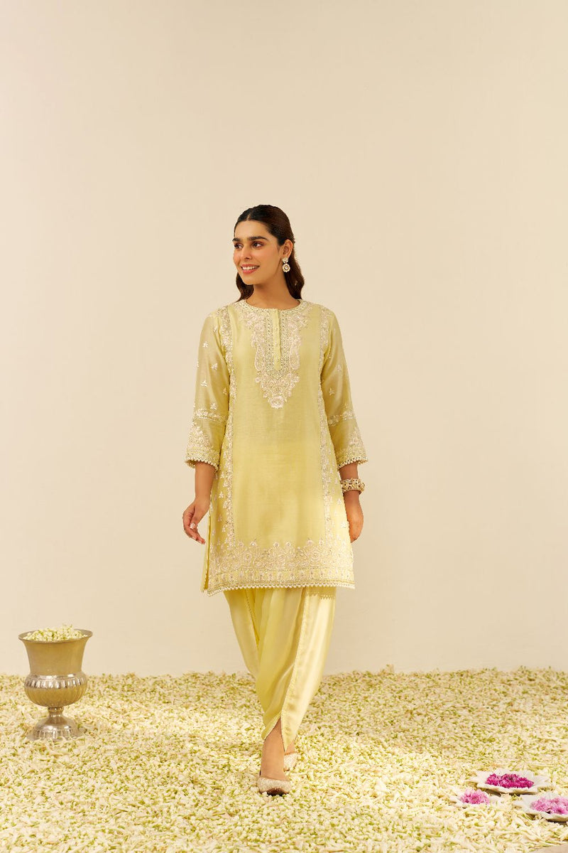 Zaisha - Short Kurta With Dhoti-Lemon Yellow silk by SHEETAL BATRA in yellow color for women Worldwide
