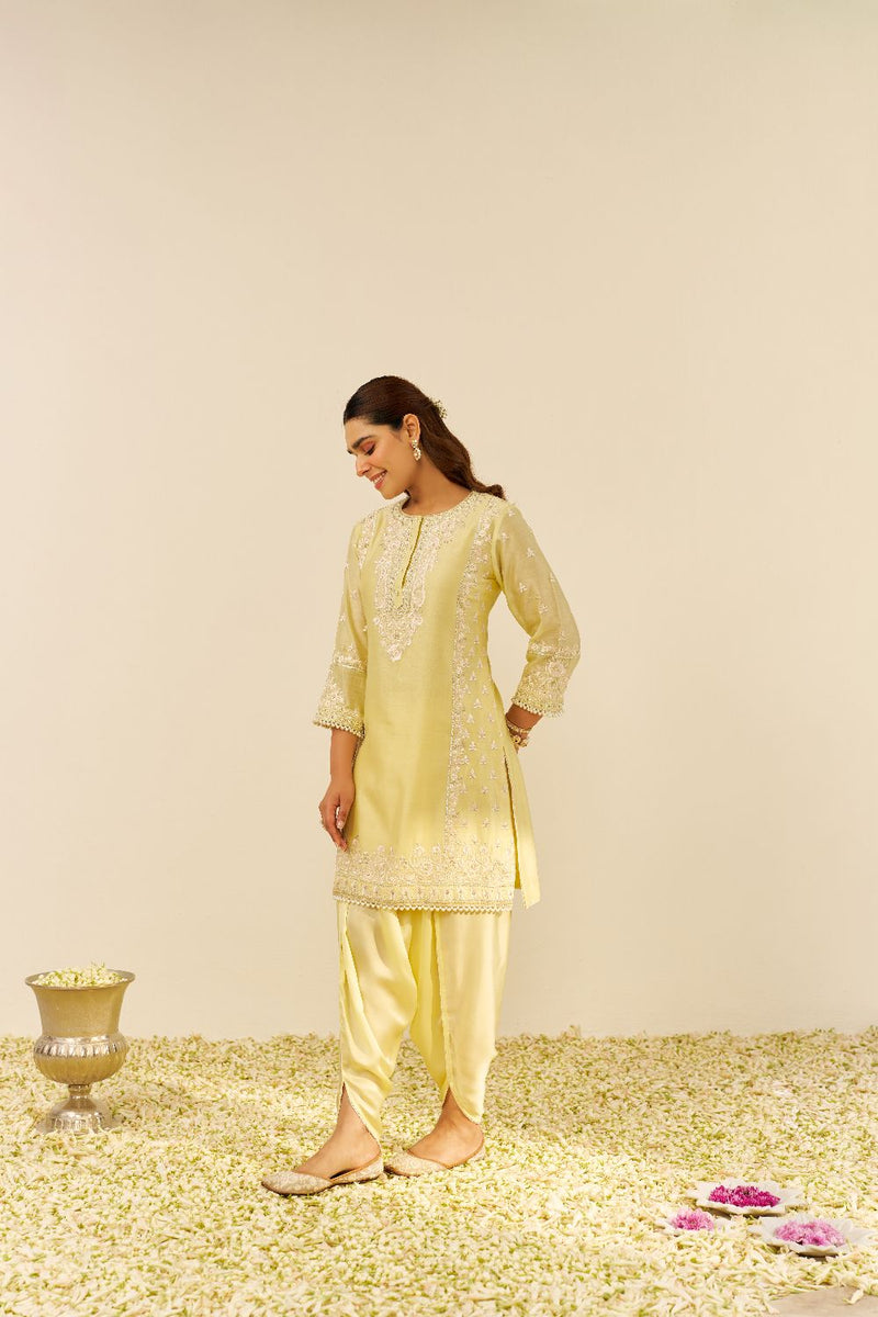 Zaisha - Short Kurta With Dhoti-Lemon Yellow silk by SHEETAL BATRA in yellow color for women Worldwide