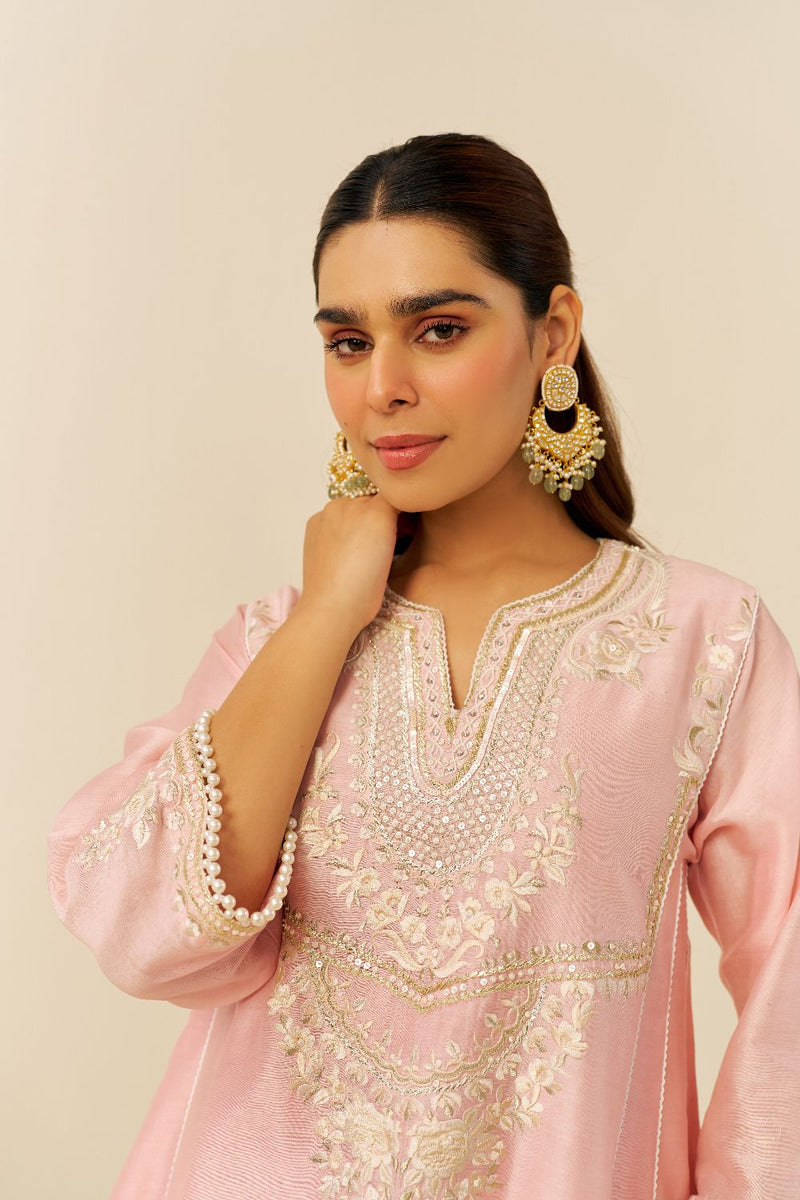 Aiza - Short Chauga With Salwar-Blush Pink silk by SHEETAL BATRA in blush color for women Worldwide